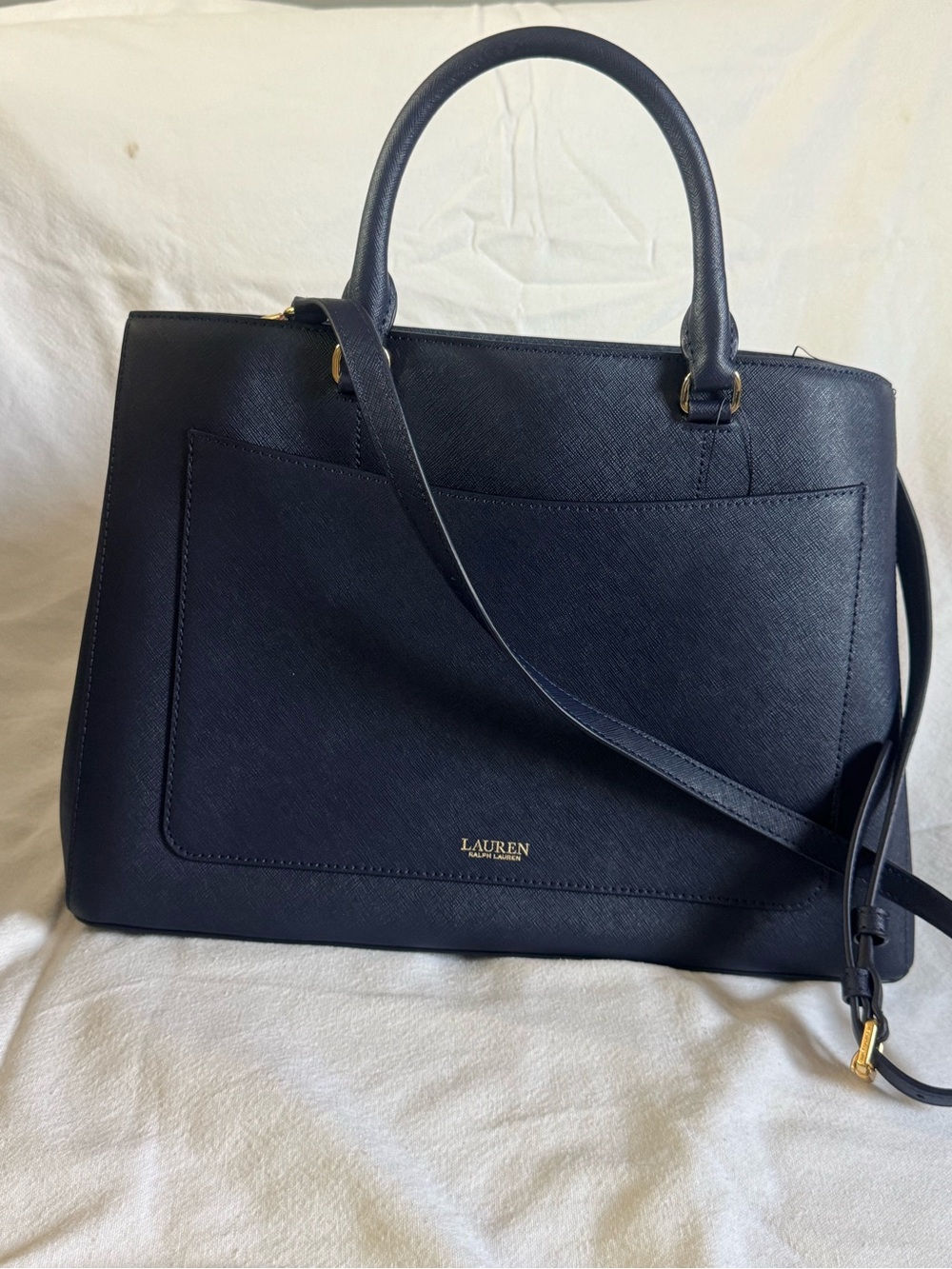 Lauren Ralph Lauren Navy Saffiano Leather Satchel with Shoulder Strap